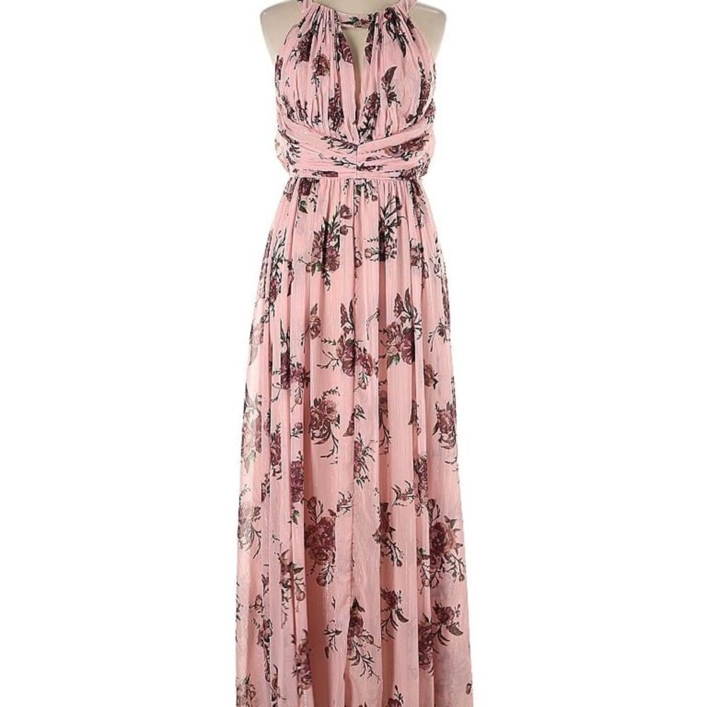 Sleeveless Blush Pink Floral Halter Maxi Dress with Twisted Waistband